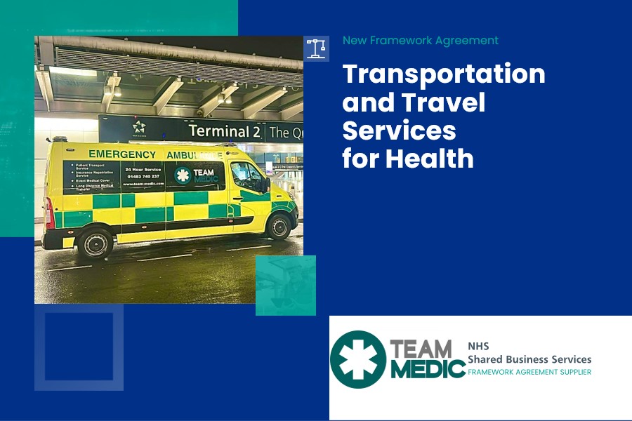 Team Medic ambulance at Heathrow Terminal 2, highlighting NHS SBS Framework-approved transport services