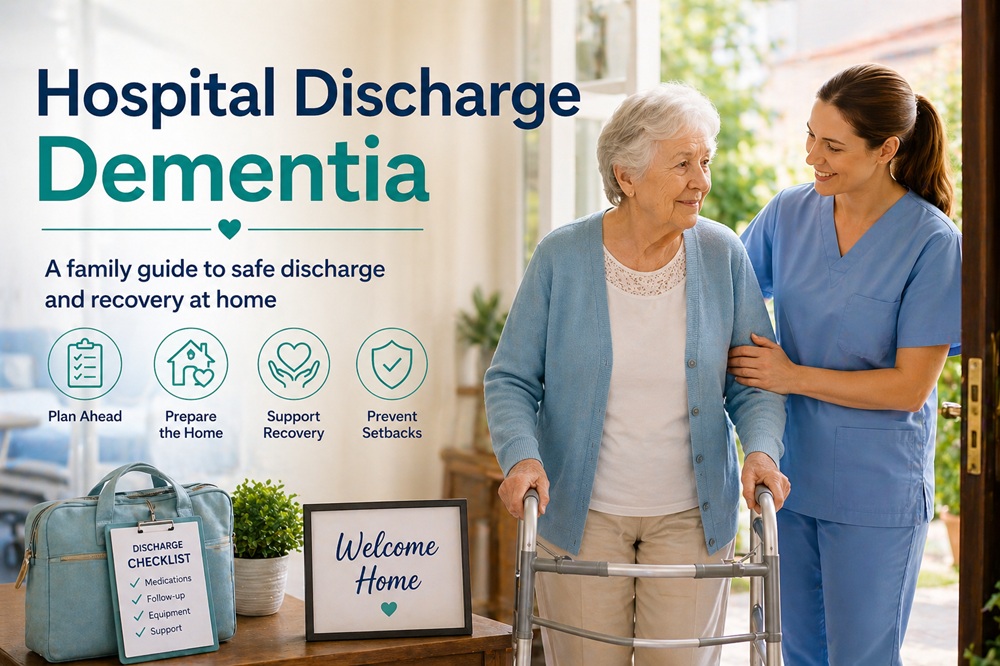 Hospital discharge dementia support with caregiver helping older adult return home safely
