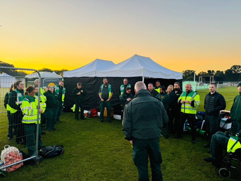 Team Medic staff briefing before festival event medical plan deployment