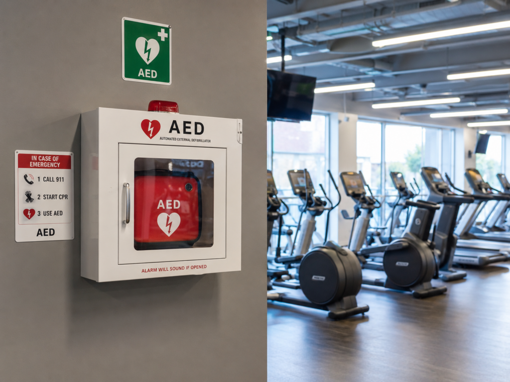 First aid training for gym staff using an AED near cardio equipment