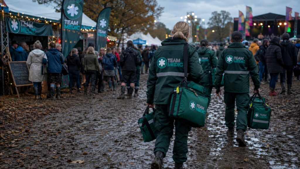 Medical team moving through an autumn festival site with wet/muddy ground and crowds