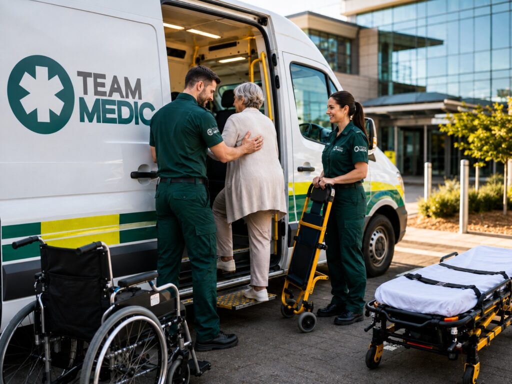 Team Medic ambulance crew assisting an older patient into a private ambulance outside a hospital