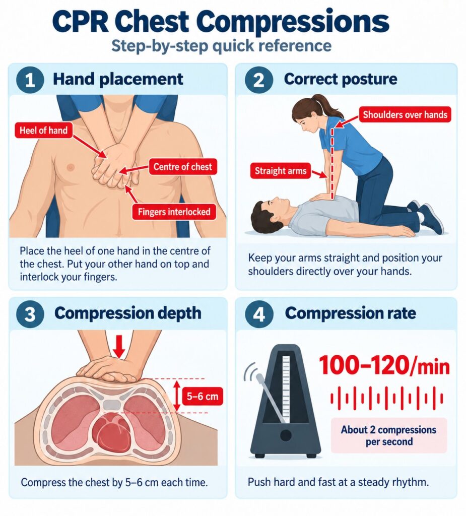 Infographic showing correct hand placement and depth for CPR chest compressions