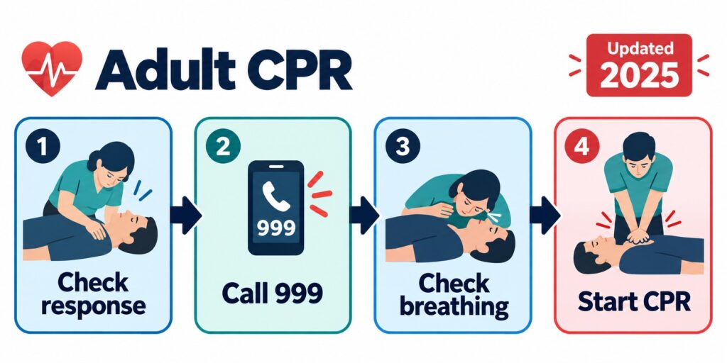 Correct CPR sequence — call 999 before checking breathing, per 2025 guidance