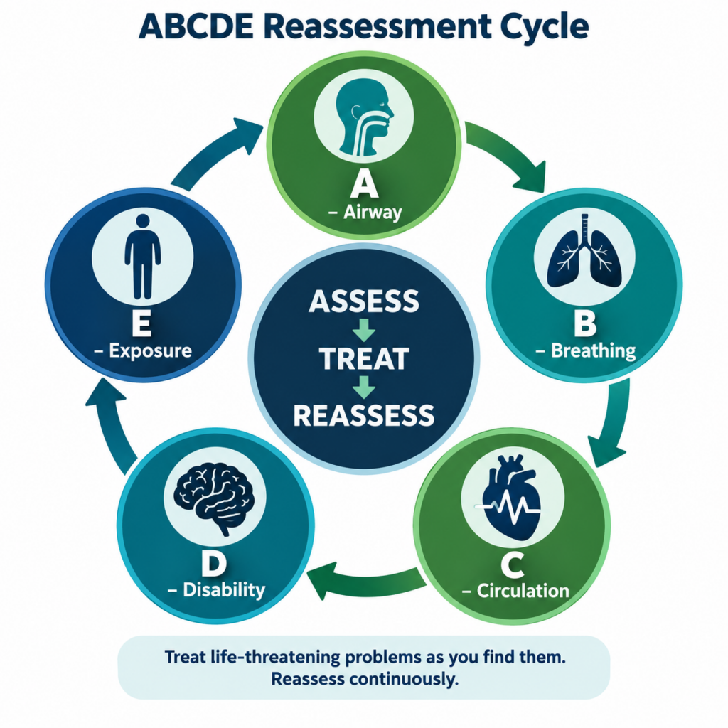 ABCDE reassessment cycle showing assess, treat and reassess