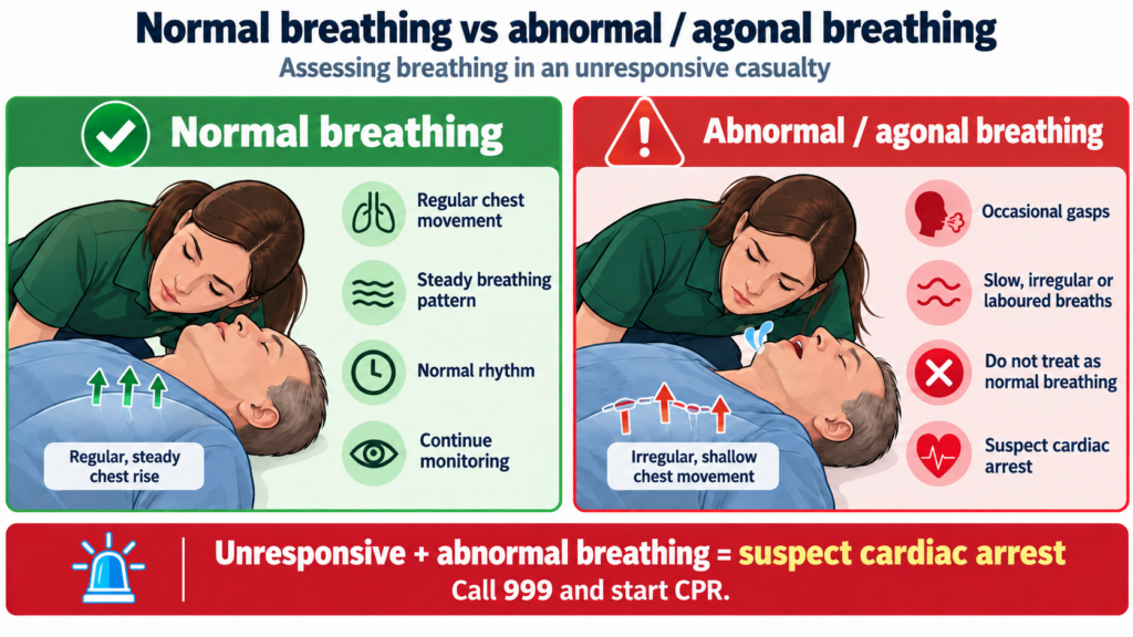 Difference between normal breathing and agonal gasping during first aid assessment