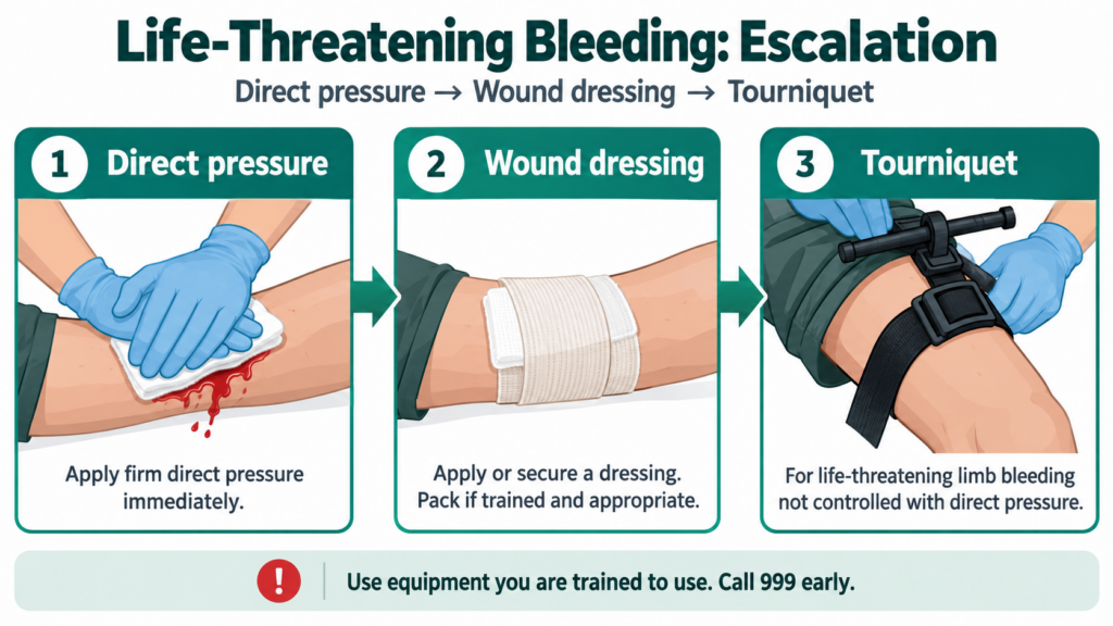 First aid steps for controlling life-threatening bleeding