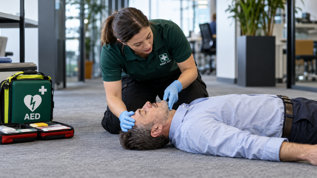 First aider carrying out a primary survey on an unresponsive casualty