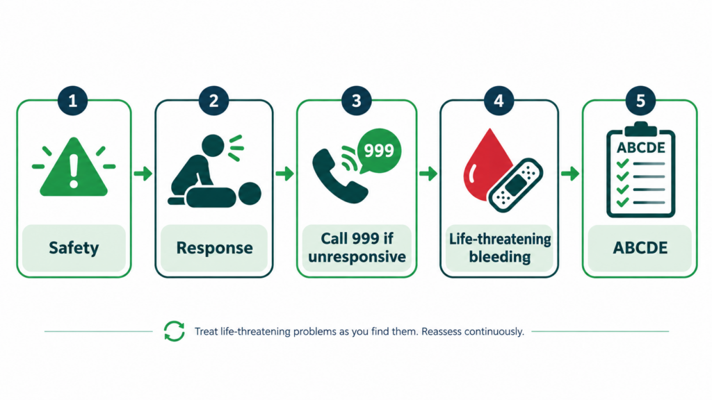Primary survey first aid flowchart showing safety, response, emergency call, life-threatening bleeding and ABCDE